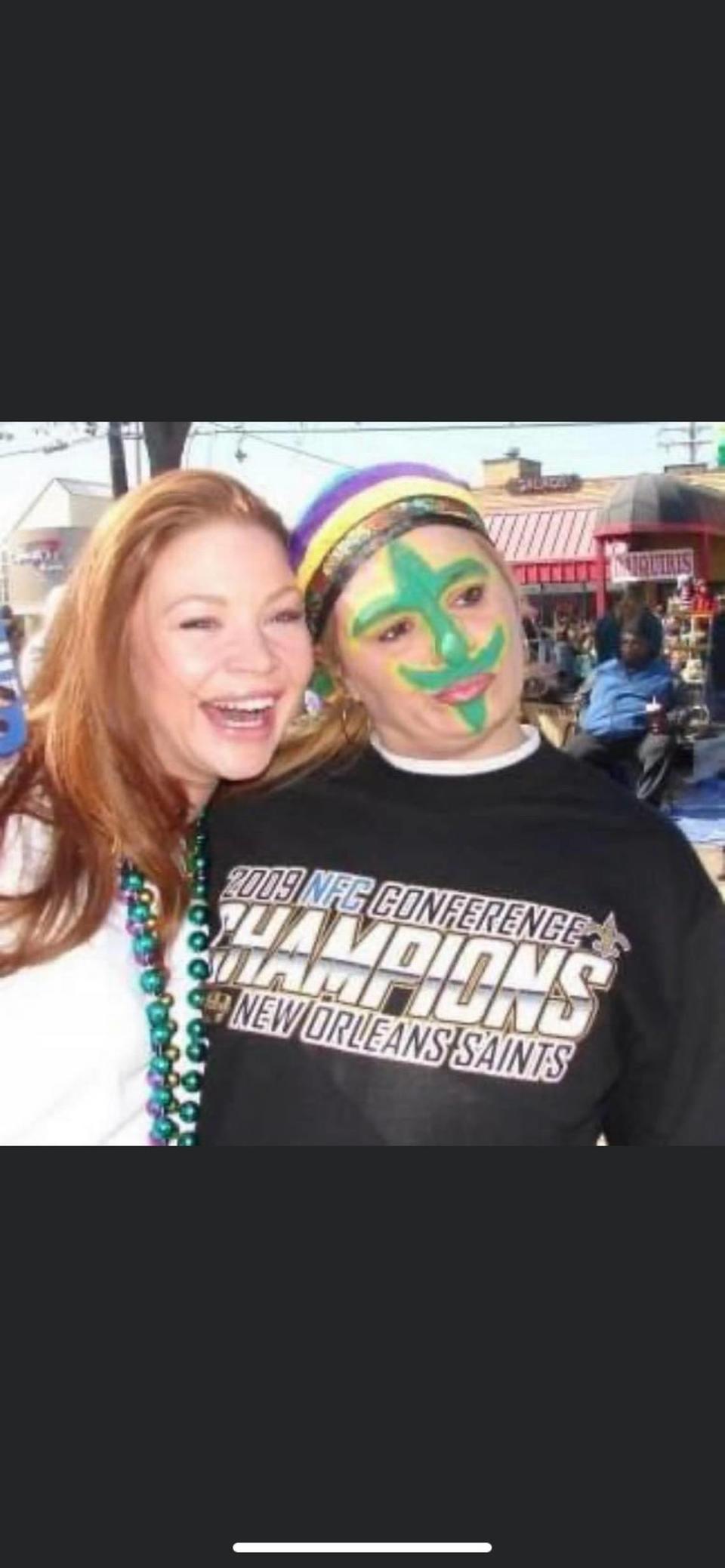 Cassie Stratton and her sister, Ashley Dean, celebrate the New Orleans Saints Super Bowl victory in 2010 at Mardi Gras in New Orleans. Cassie was one of 98 people who was killed in the of Champlain Towers South condo collapse on June 24, 2021.