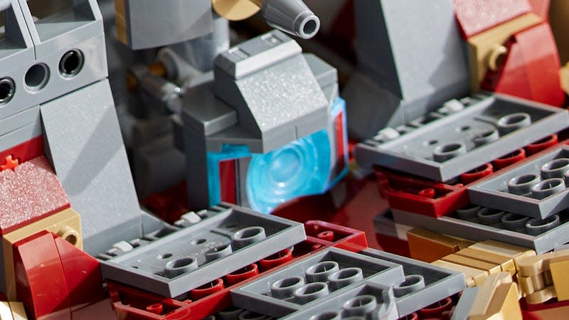 A close-up of the Lego fresnel lens element inside the Hulkbuster.