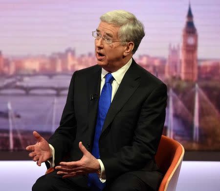 Britain's Defence Secretary Michael Fallon is seen speaking on the BBC's Andrew Marr Show in this photograph received via the BBC in London, Britain April 2, 2017. Jeff Overs/BBC/Handout via REUTERS