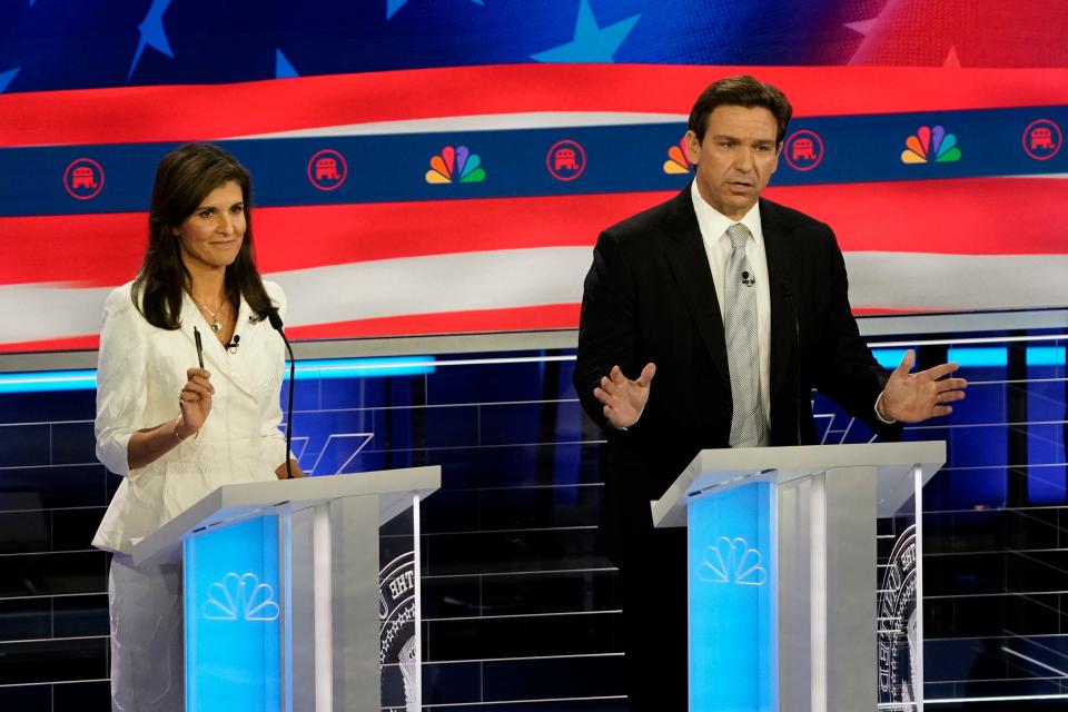 Former South Carolina Gov. Nikki Haley and Gov. Ron DeSantis during the Republican National Committee presidential primary debate in Miami.