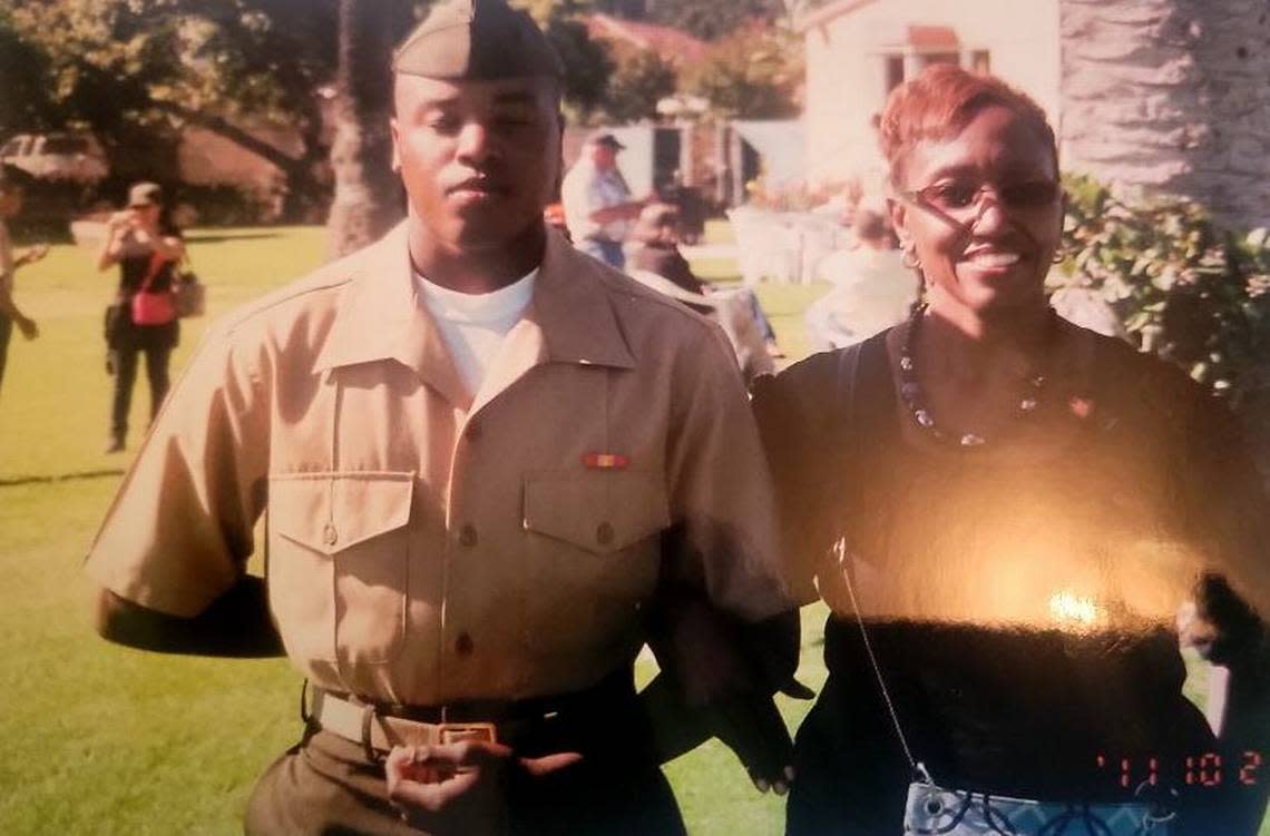 Anthony Johnson Jr. with his mother, Jacqualyne. Johnson’s family is calling for the release of video that shows an altercation at the Tarrant County Jail that led to his death on April 21.