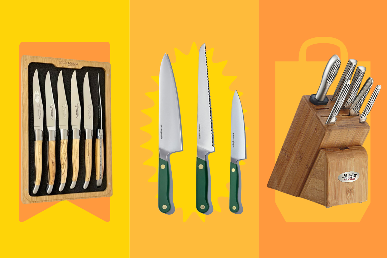 Global knives in a wooden block, a Hedley & Bennett three-piece knife set and a box of Laguiole steak knives.