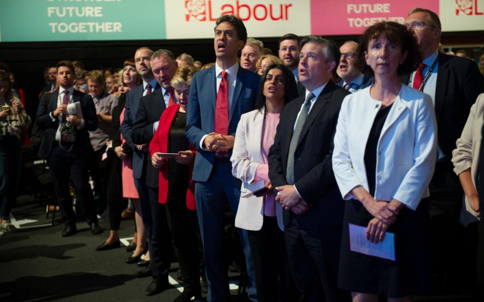 After: Ed Miliband was once again singing the Red Flag on Wednesday, but there was no sign of Starmer - Eddie Mulholland