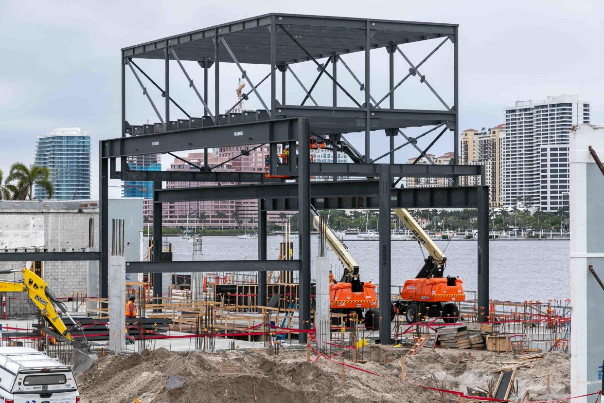 Workers have begun erecting the framework for a multilevel structure at the Royal Poinciana Playhouse construction site on April 4.