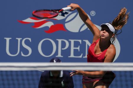 Aug 30, 2017; New York, NY, USA; Evgeniya Rodina of Russia hits to Eugenie Bouchard of Canada in Ashe Stadium on day three at the USTA Billie Jean King National Tennis Center. Mandatory Credit: Robert Deutsch-USA TODAY Sports