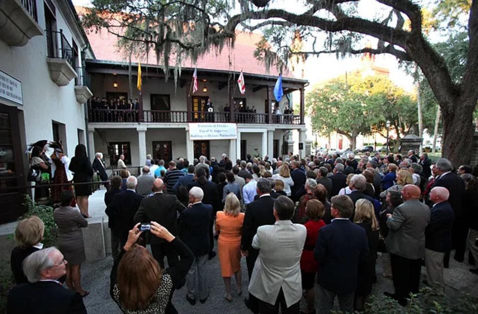 Guests gather in the Government House courtyard in St. Augustine during the celebration of ‘historic partnership’ on Oct. 20, 2010. 
