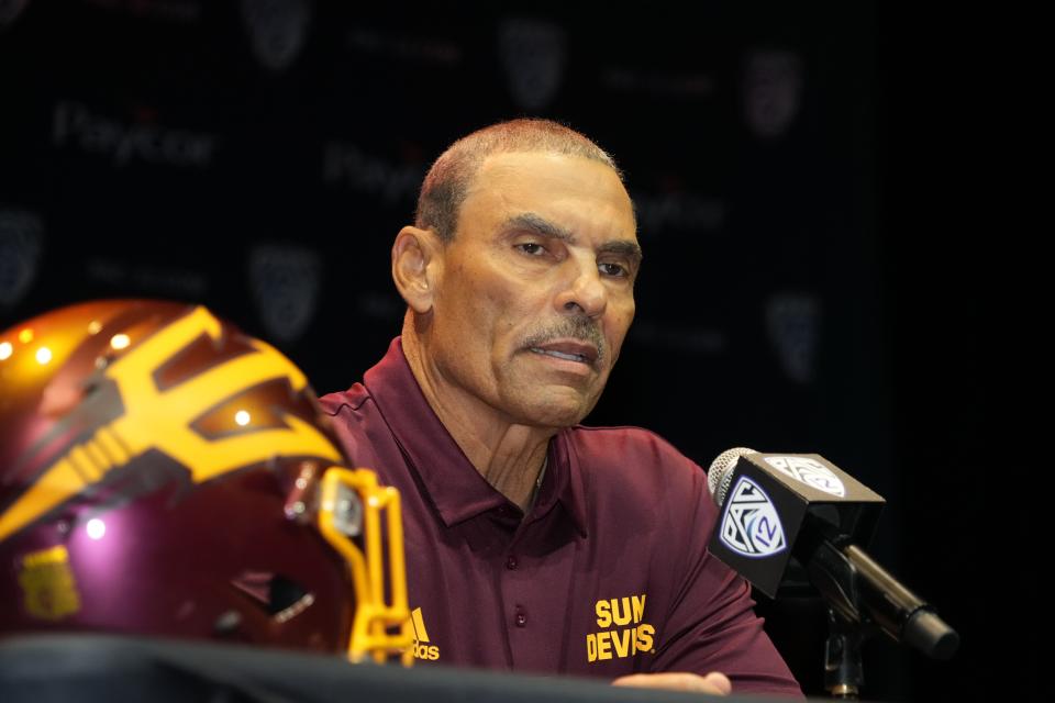 Jul 29, 2022; Los Angeles, CA, USA; Arizona State Sun Devils coach Herm Edwards during Pac-12 Media Day at Novo Theater. Mandatory Credit: Kirby Lee-USA TODAY Sports