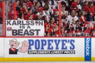 <p>Fans hold up a sign during warm-ups prior to a game between the Ottawa Senators and the Pittsburgh Penguins in Game Four of the Eastern Conference Final during the 2017 NHL Stanley Cup Playoffs at Canadian Tire Centre on May 19, 2017 in Ottawa, Ontario, Canada. (Photo by Jana Chytilova/Freestyle Photography/Getty Images) </p>