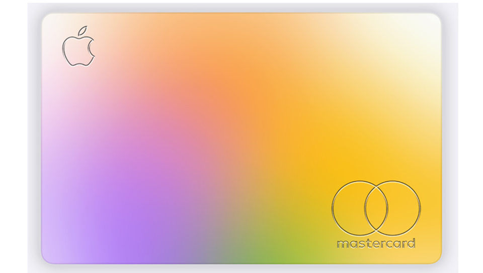 Multicolored pastel card with Mastercard logo at lower right and Apple logo at upper left.