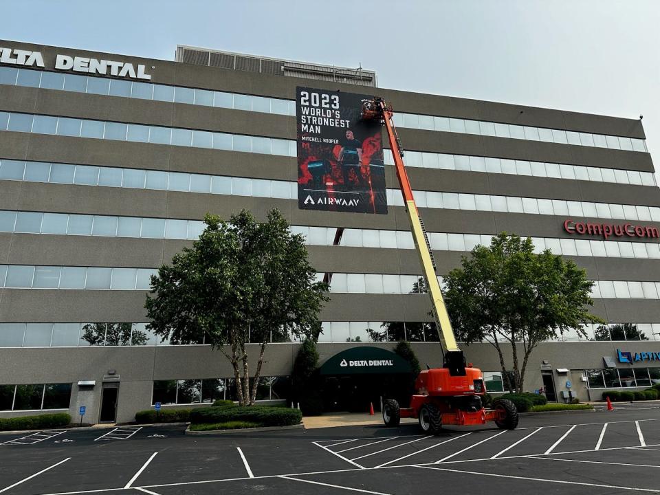 A banner of Canadian Mitchell Hopper, winner of the 2023 World's Strongest Man competition was placed on the Delta Dental office on Linn Station Rd. Delta Dental is one of Hooper's sponsors. June 20, 2023
