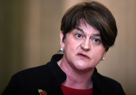 DUP Leader Arlene Foster talks to the media at a news conference at Stormont in Belfast, Northern Ireland, November 2, 2018. REUTERS/Clodagh Kilcoyne