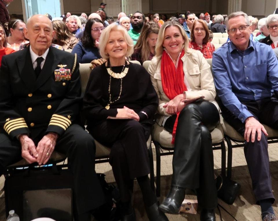 Captain USN (retired) Roy Cash, Billie Cash, Kellye Cash Sheppard, and Todd Sheppard posed for a photo during the 2023 Celebrating Our Veterans program hosted by the West Tennessee Veterans Coalition at Englewood Baptist Church.