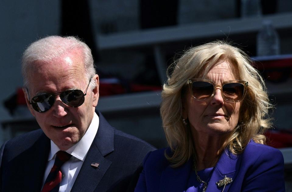 US President Joe Biden and First Lady Jill Biden attend their granddaughter Maisy Biden's graduation from the University of Pennsylvania at Franklin Field on May 15, 2023 in Philadelphia, Pennsylvania. (Photo by Brendan SMIALOWSKI / AFP) (Photo by BRENDAN SMIALOWSKI/AFP via Getty Images)