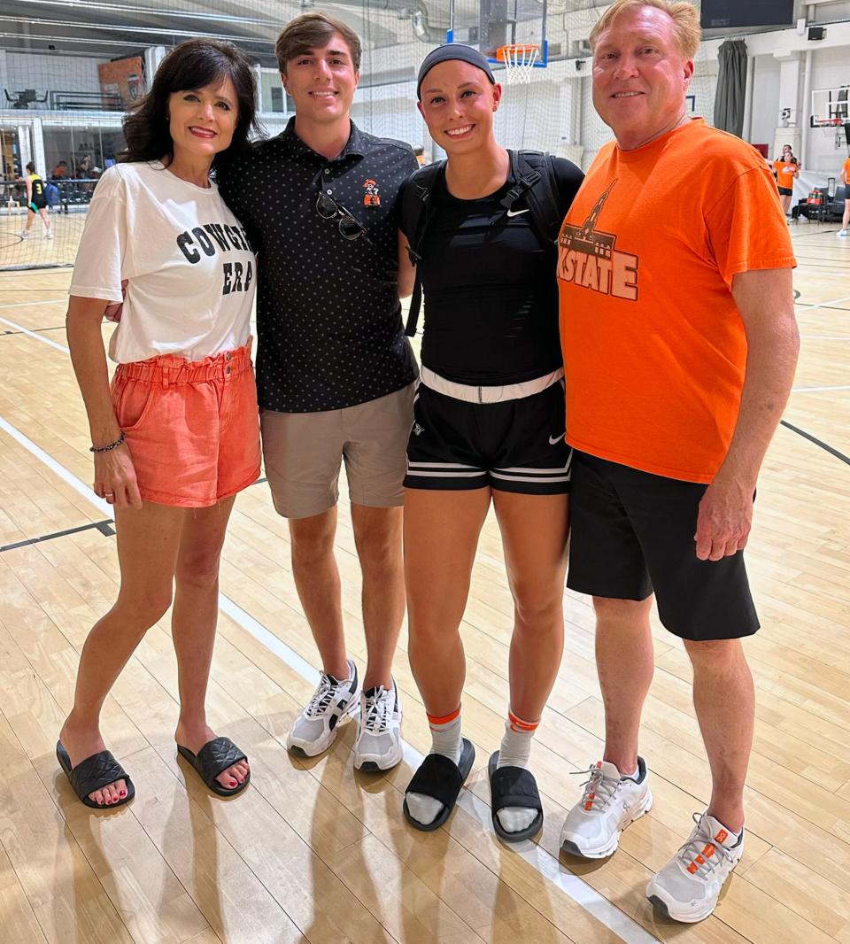 Oklahoma State guard Rylee Langerman is pictured with her mom, Melissa, twin brother, Ryan, and father, RJ.