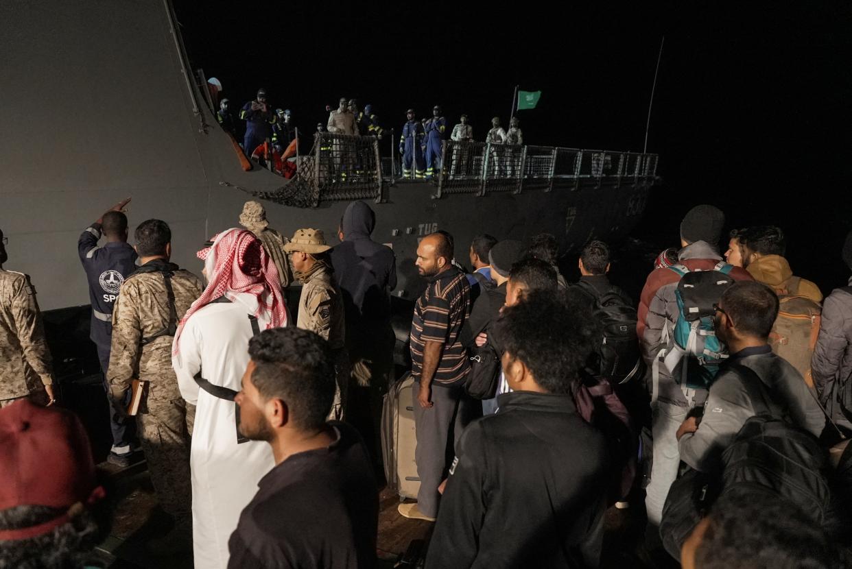 Saudi Royal Navy ship docks at sea port to evacuate civilians from Sudan, in Port Sudan (REUTERS)