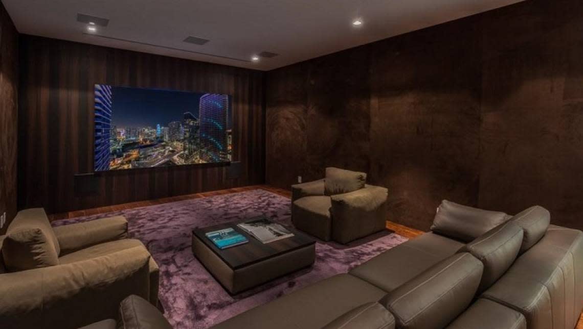 Lil Wayne’s house in Miami Beach. The movie theater has suede walls