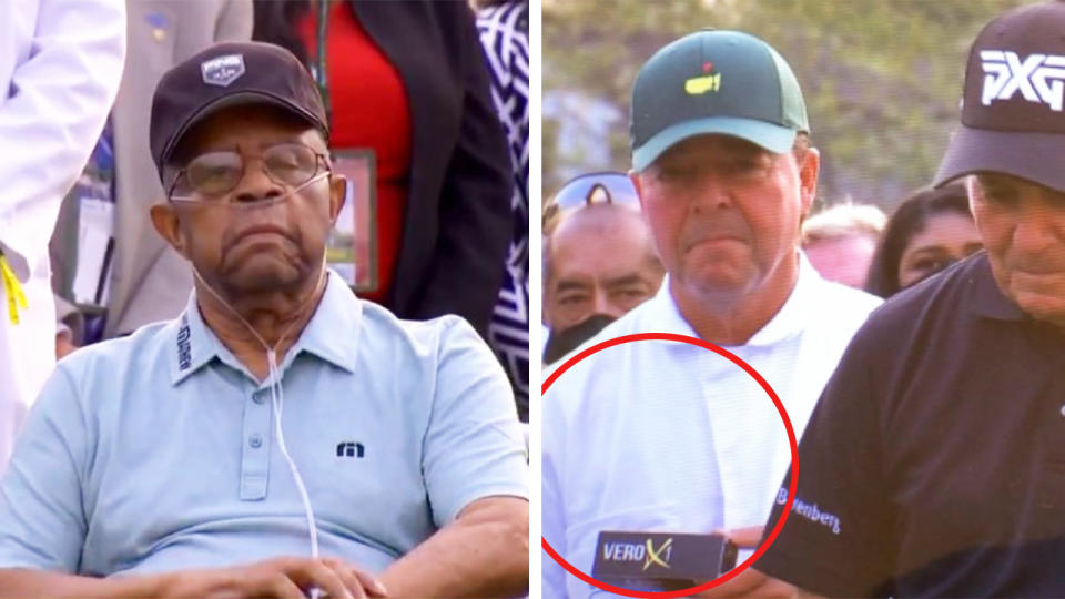 Wayne Player (pictured right in white) holding golf balls and Lee Elders' (pictured left) during a presentation at the Masters.