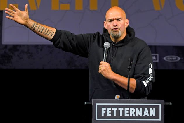 Pennsylvania Lt. Gov. John Fetterman, a Democratic nominee for U.S. Senate, speaks at a rally in Erie on Friday. It was his first major event after suffering a stroke in May. (Photo: Gene J. Puskar/Associated Press)