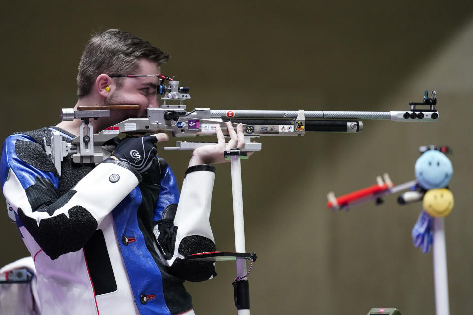 William Shaner, of the United States, competes in the men's 10-meter air rifle at the Asaka Shooting Range in the 2020 Summer Olympics, Sunday, July 25, 2021, in Tokyo, Japan. Shaner went on to take the gold medal. (AP Photo/Alex Brandon)