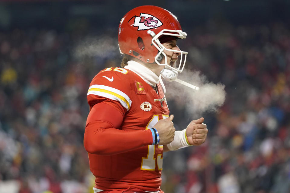 Kansas City Chiefs quarterback Patrick Mahomes celebrates during an NFL wild-card playoff football game against the Miami Dolphins Saturday, Jan. 13, 2024, in Kansas City, Mo. (AP Photo/Ed Zurga)