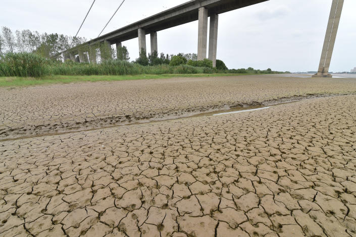 A large area of dry beach emerges from the Zhenjiang section of the Yangtze River in Zhenjiang, Jiangsu Province, China, on Sept 20, 2022. (CFOTO/Future Publishing via Getty Images)