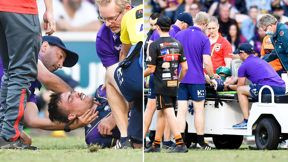 Pictured here, Storm star Ryan Papenhuyzen is attended to by medical staff after suffering concussion.