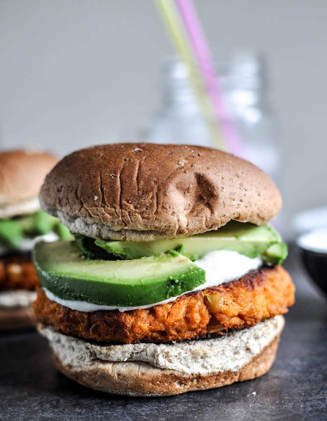 <strong>Get the <a href="http://www.howsweeteats.com/2012/09/smoky-sweet-potato-burgers-with-roasted-garlic-cream-and-avocado/" target="_blank">Smoky Sweet Potato Burgers with Roasted Garlic Cream and Avocado recipe</a> from How Sweet It Is</strong>