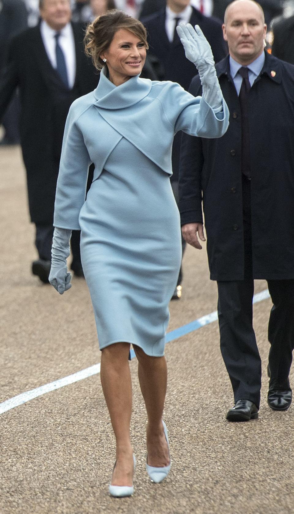 <div class="inline-image__caption"><p>First lady Melania Trump waves to supporters in the inaugural parade on January 20, 2017 in Washington, D.C.</p></div> <div class="inline-image__credit">Photo by Kevin Dietsch - Pool/Getty Images</div>