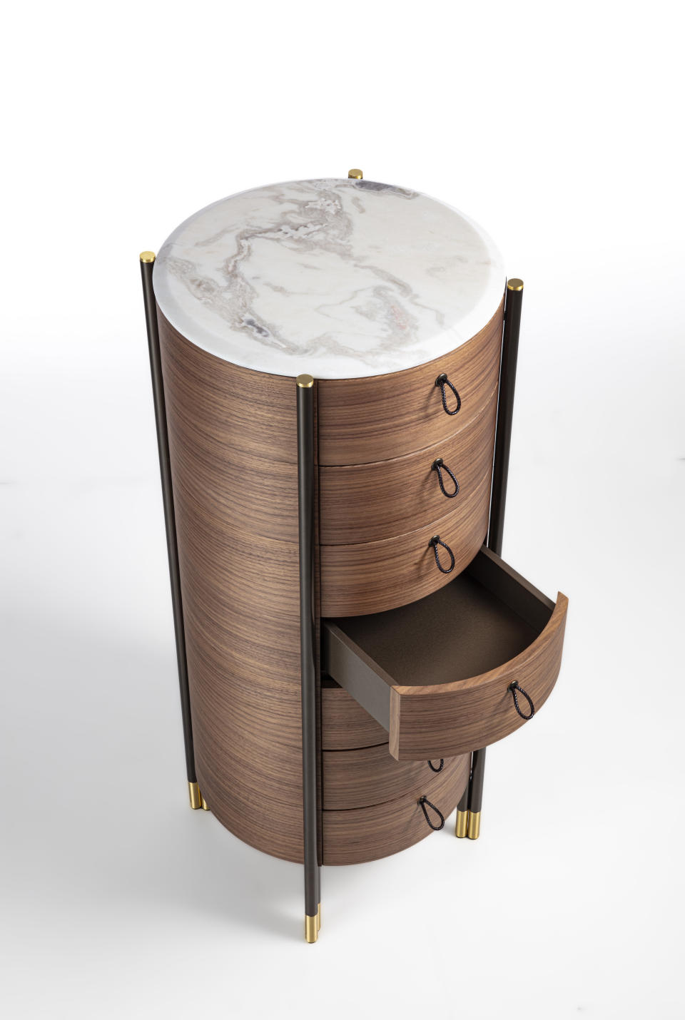 Milan Design Week Porada Bayus Tondo 7 drawer rounded chest in wood with light grey marble top