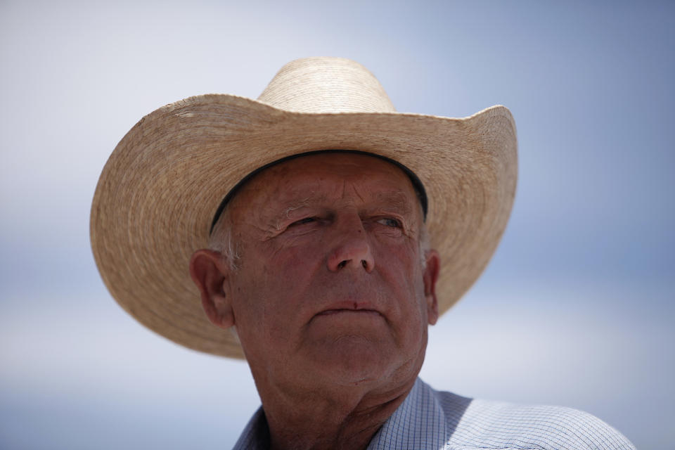 Rancher Cliven Bundy speaks at a protest area near Bunkerville, Nev. Wednesday, April 16, 2014. (AP Photo/Las Vegas Review-Journal, John Locher)