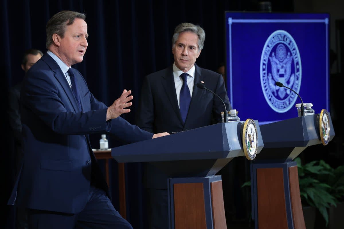 British Foreign Secretary David Cameron and US secretary of State Antony Blinken speak in Washington on 9 April (Getty Images)