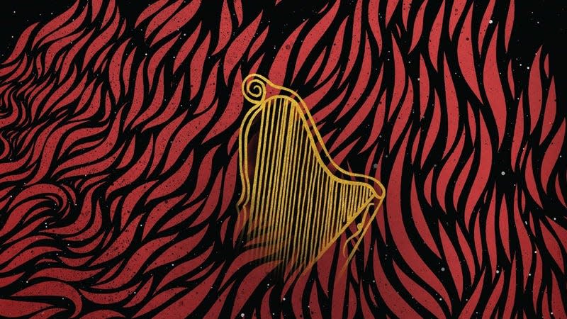 An illustration of a harp surrounded by flames