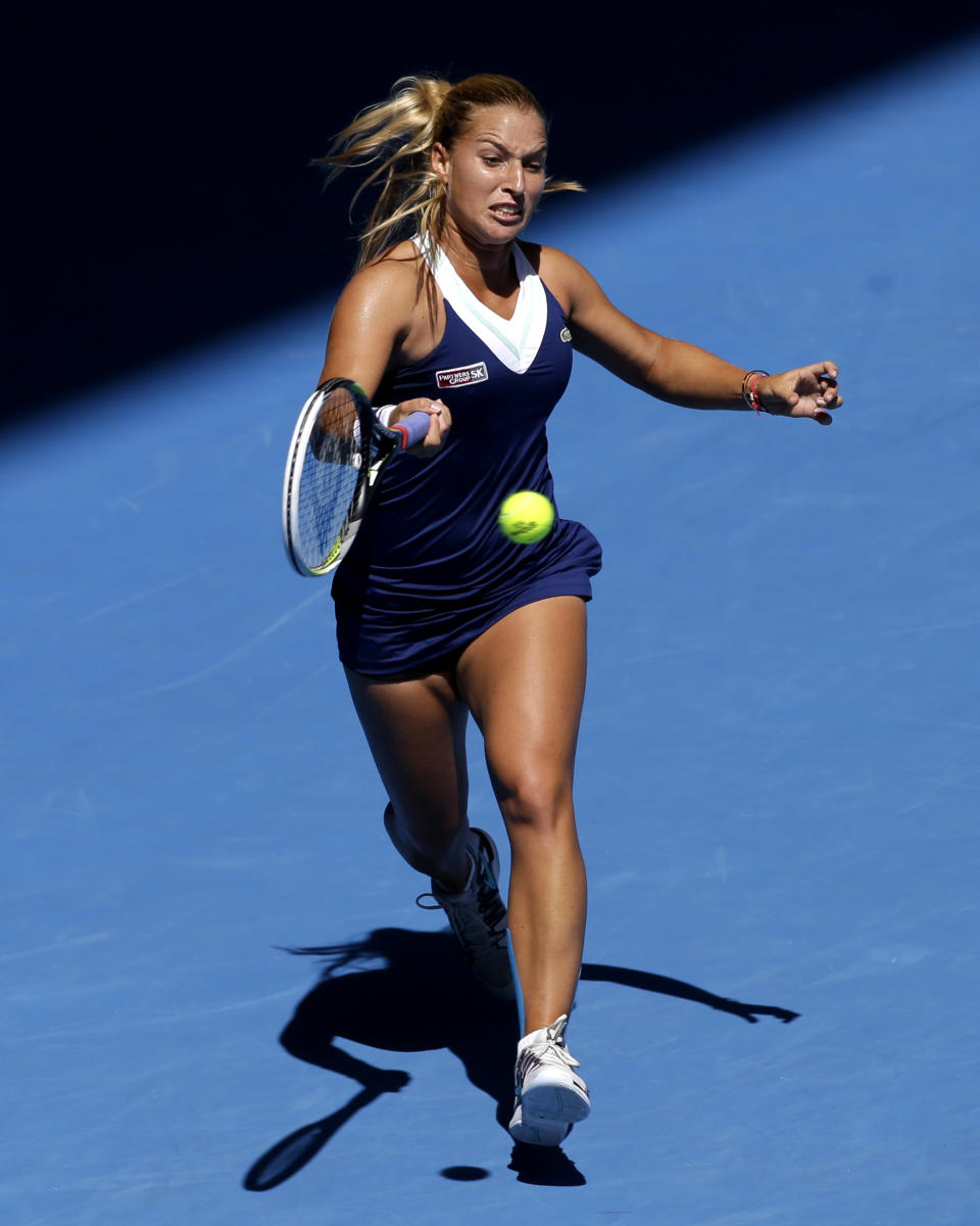 Dominika Cibulkova of Slovakia makes a forehand return to Simona Halep of Romania during their quarterfinal at the Australian Open tennis championship in Melbourne, Australia, Wednesday, Jan. 22, 2014.(AP Photo/Aijaz Rahi)