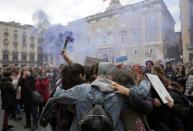 Demonstrators gathered at Sant Jaume square in Barcelona during a one-day strike to defend women's rights on International Women's Day