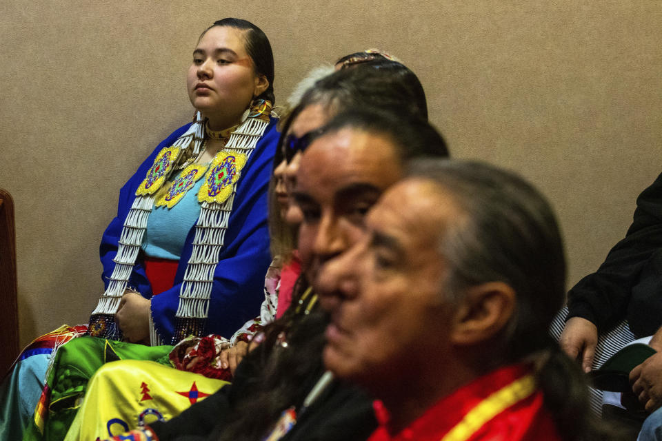 Supporters of Nathan Chasing Horse are seated in a court room in North Las Vegas, Nev., Wednesday, Feb. 8, 2023. Bail has been set at $300,000 for the former "Dances With Wolves" actor charged in Nevada with sexually abusing and trafficking Indigenous women and girls. (AP Photo/Ty O'Neil)