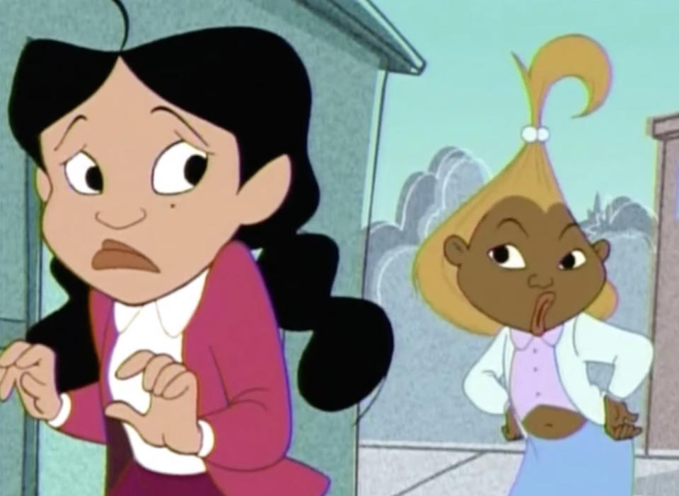 Penny Proud (left) and Dijonay Jones (right) from The Proud Family are standing outdoors; Penny looks worried while Dijonay strikes a confident pose