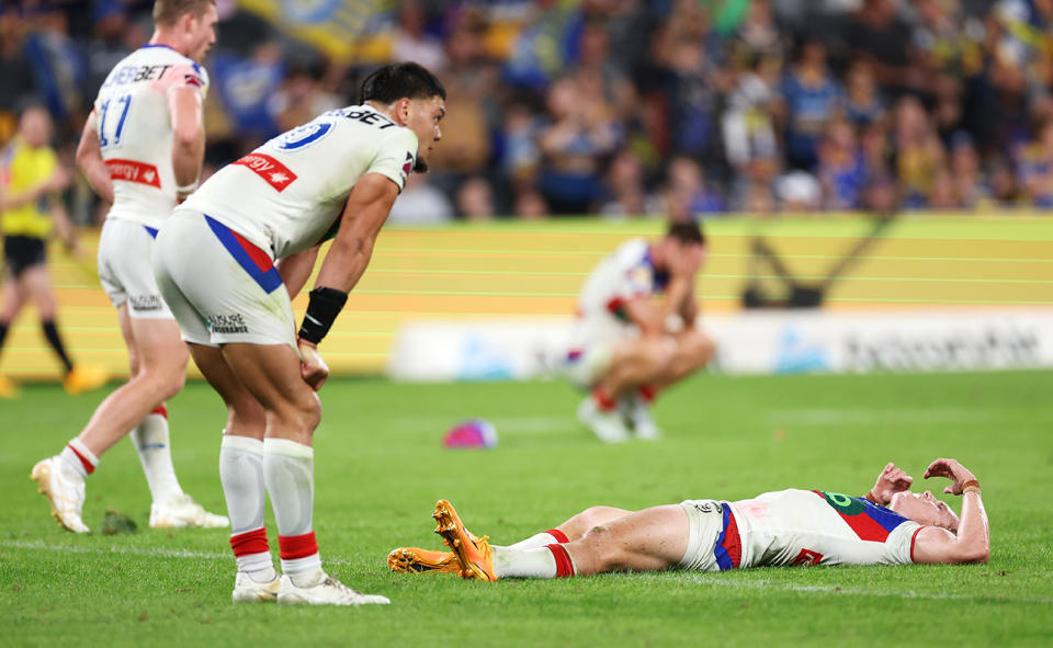 Newcastle Knights players, pictured here after their loss to Parramatta.