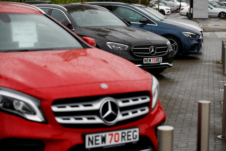 New cars are pictured at a car dealership