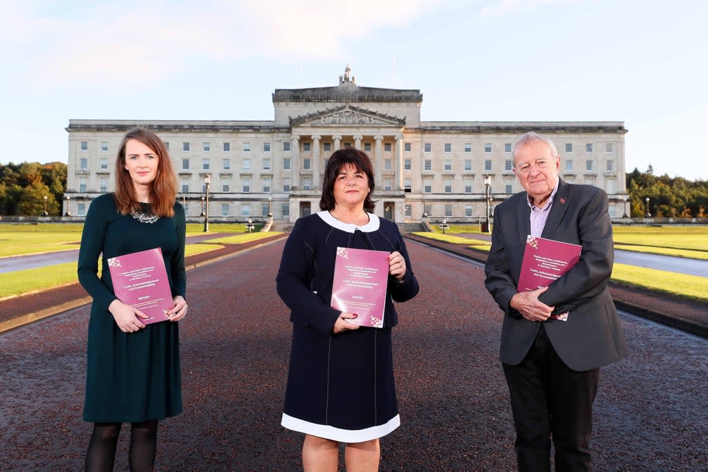 The Truth Recovery Design Panel of Dr Maeve O’Rourke, Deirdre Mahon (Chair) and Professor Phil Scraton outside Stormont, at the official launch of Truth Recovery Design Panel Report last year (PA) (PA Media)