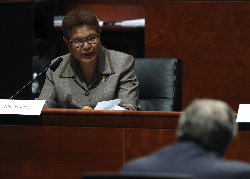 Rep. Karen Bass questions Attorney General William Barr during a House Judiciary Committee hearing