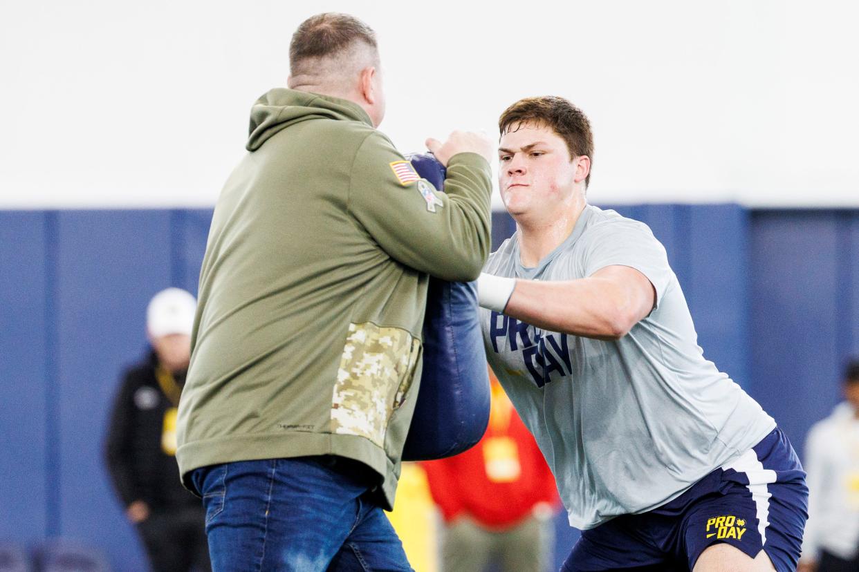 Offensive Lineman Joe Alt participates in drill during Notre Dame’s NFL Pro Day on Thursday, March 21, 2024, at Irish Athletics Center in South Bend, Indiana.