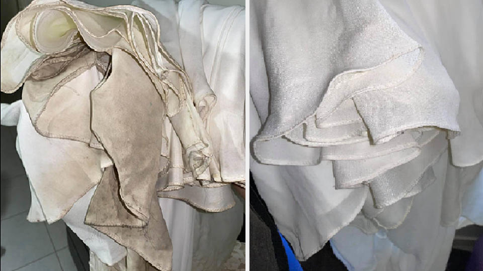 side by side image of dirty wedding gown hem and clean hem after clean