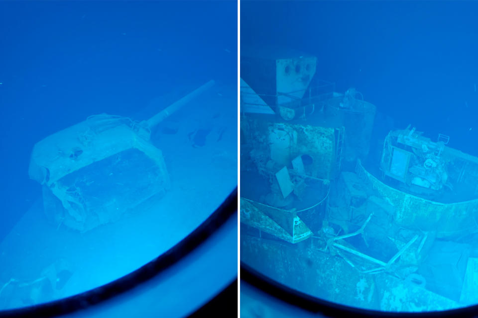 From left: The aft gun mount and the pilot house section of the USS Samuel B. Roberts are seen along the ocean floor.  (Caladan Oceanic / via AP)