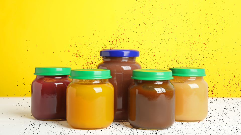 Baby food, which can contain lead, in jars with lids.