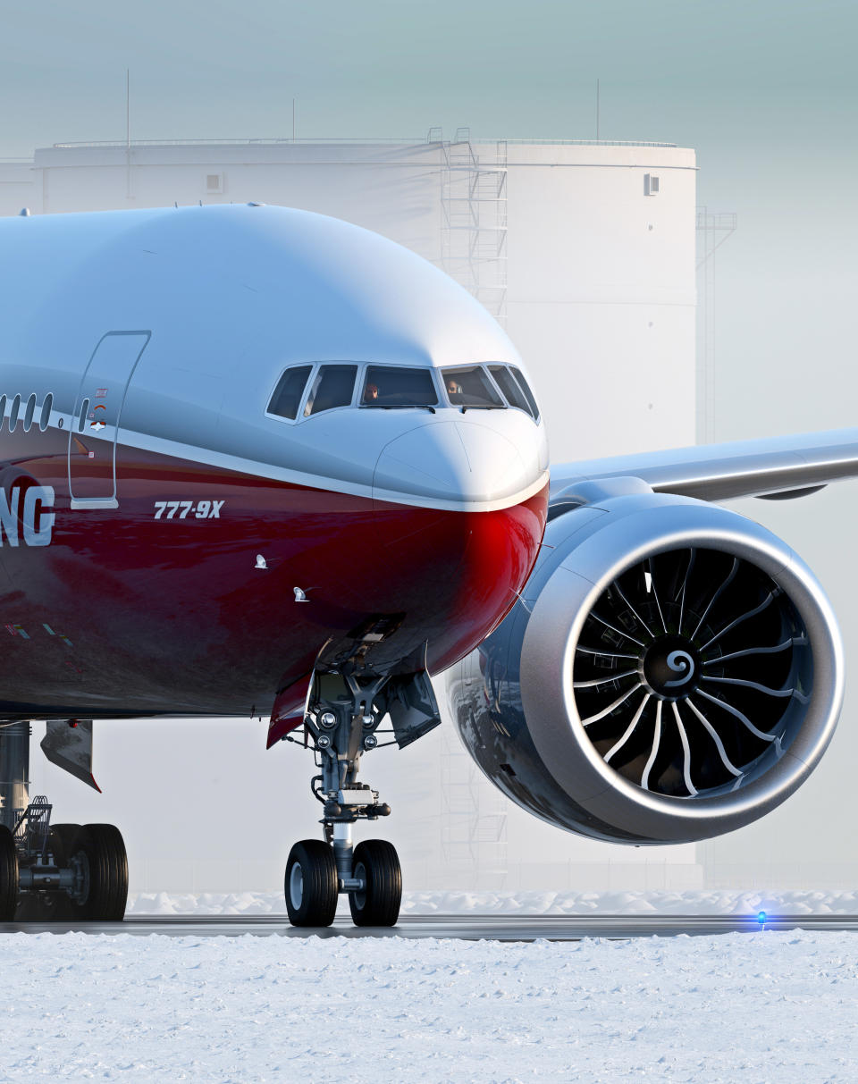 In this artist's concept provided by The Boeing Co. is the 777-9X, the largest of the aerospace company's new family of 777X jetliners. Boeing currently has more than a dozen states in competition from coast to coast offering property, billions of dollars of tax breaks, favorable labor deals and customized employee training hoping that Boeing will choose them to assemble its new 777X jetliner. (AP Photo/The Boeing Co.)