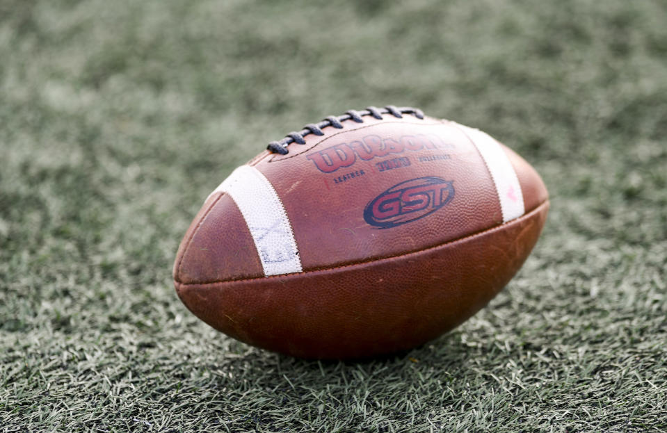 Reiffton, PA - September 10: A football on the field before the start of the game. High School football, the Wilson Bulldogs vs. the Exeter Eagles at Don Thomas Stadium in Reiffton Friday night September 10, 2021. (Photo by Ben Hasty/MediaNews Group/Reading Eagle via Getty Images)