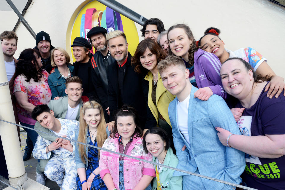 Mark Owen, Howard Donald and Gary Barlow of Take That pose on the roof of The Theatre Royal Haymarket on March 19, 2018. (Photo by Dave J Hogan/Dave J Hogan/Getty Images for The Band)