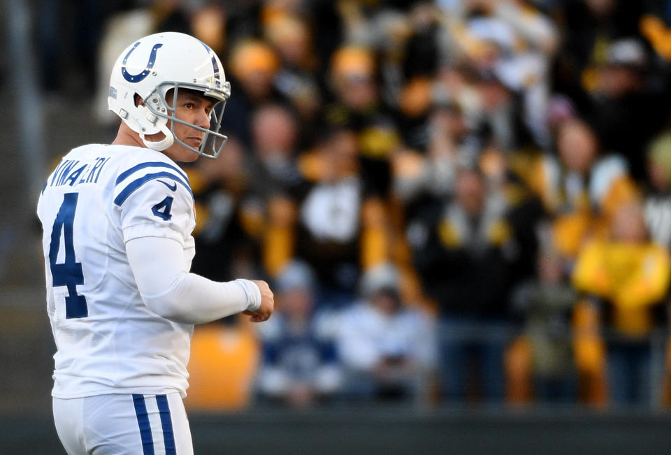 Adam Vinatieri's season went from bad to worse against the Steelers. (Justin Berl/Getty)