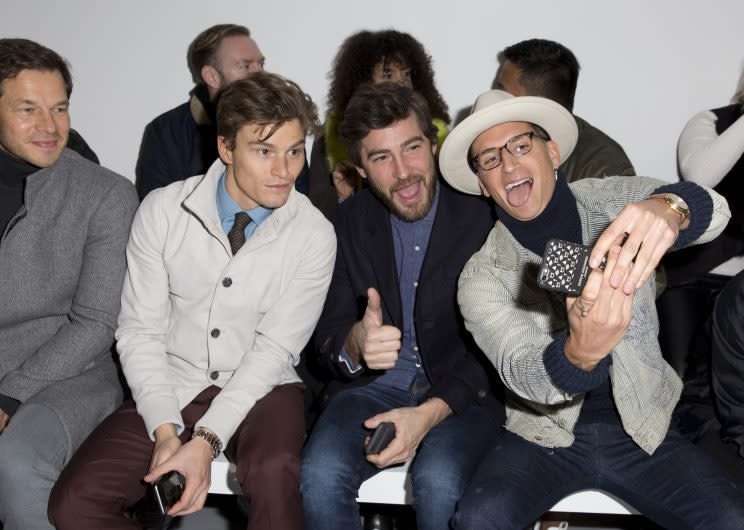 Paul Sculfor, Oliver Cheshire and Robert Konjic on the front row during the Katie Eary London Fashion Week Men’s AW17 show [Photo: PA]