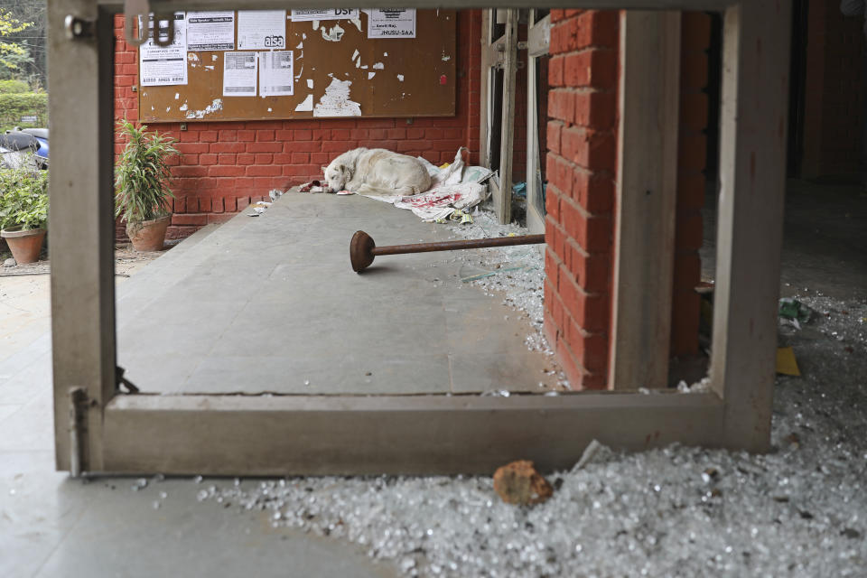 A dog rests next to glass scattered near the entrance to the Sabarmati hostel which was vandalized in Sunday's assault by masked assailants at the Jawaharlal Nehru University in New Delhi, India, Monday, Jan. 6, 2020. More than 20 people were injured in the attack opposition lawmakers are trying to link to the government. (AP Photo/Altaf Qadri)